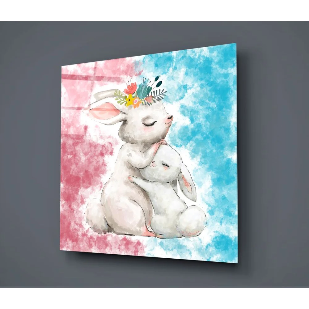 Floral crown bunnies glass wall art in watercolor style