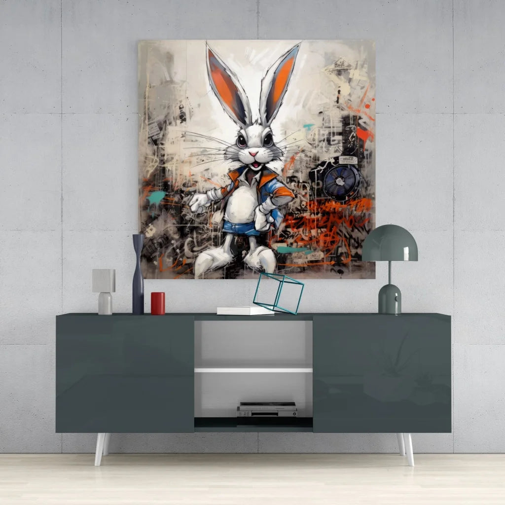 Urban Rabbit Tempered Glass Art with Bold Graffiti Style | Contemporary Home Wall Art | vintageantiquesgifts.com