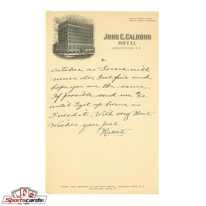 Vintage Rabbit Maranville handwritten letter on 1940s hotel postcard