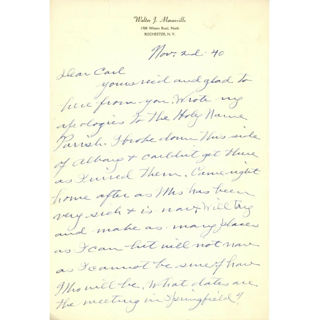 Rabbit Maranville handwritten letter from Rochester NY