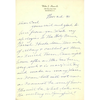 Rabbit Maranville handwritten letter from Rochester NY