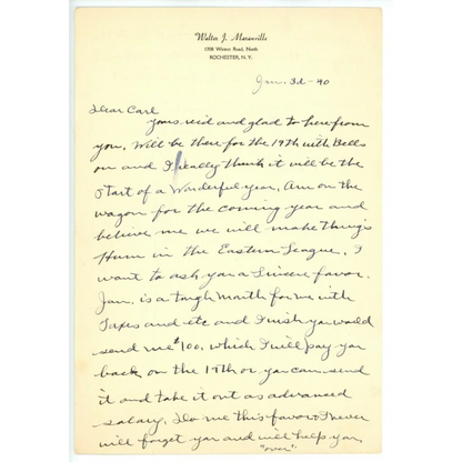 Vintage Rabbit Maranville handwritten letter in cursive on cream paper