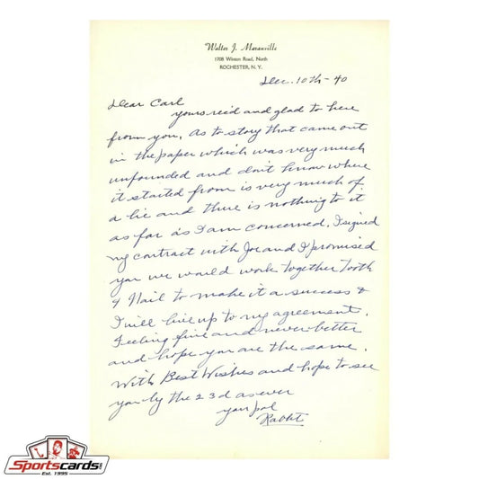 Rabbit Maranville handwritten letter on yellowed paper dated 1979