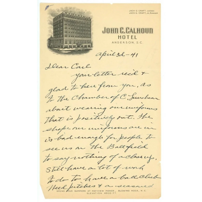 1940s Rabbit Maranville handwritten letter on vintage hotel stationery