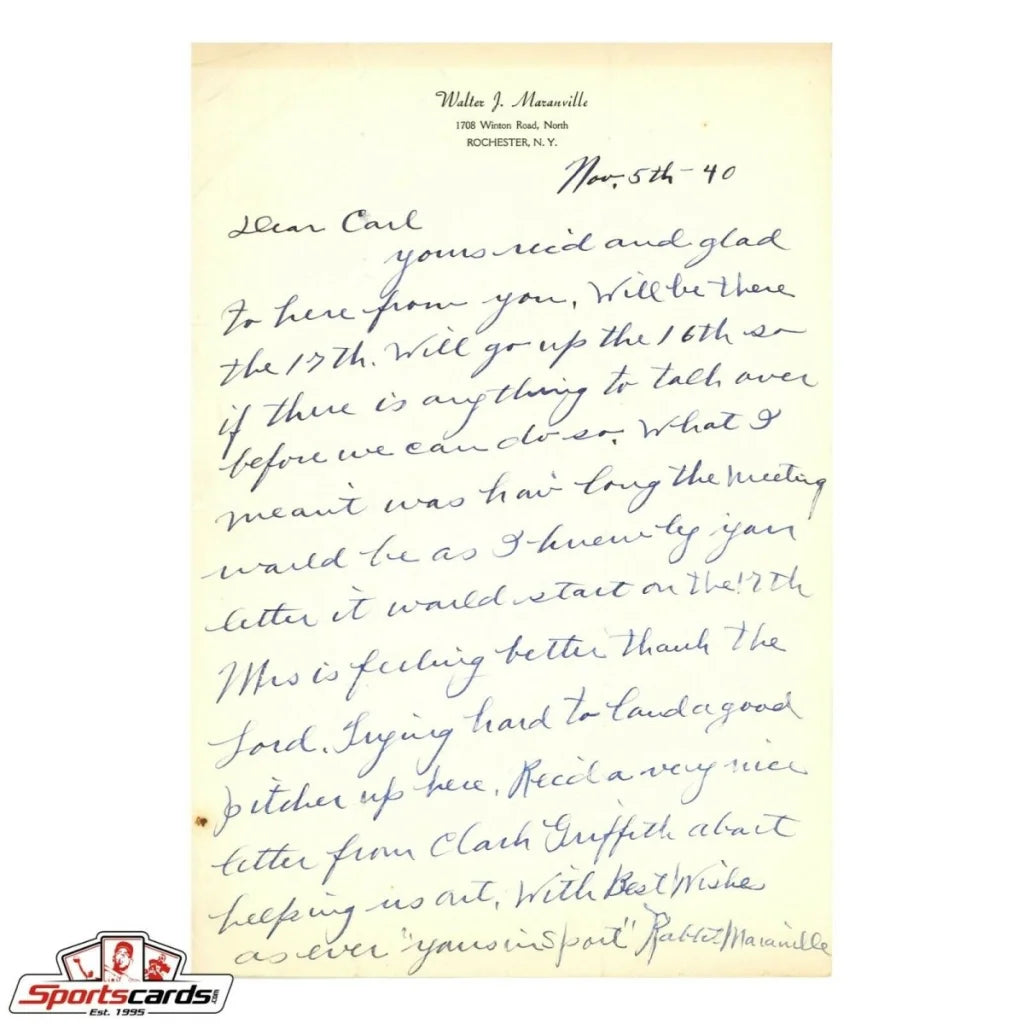 Vintage Rabbit Maranville handwritten letter on aged paper