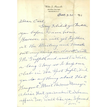 Rabbit Maranville handwritten letter from 1940 on white paper