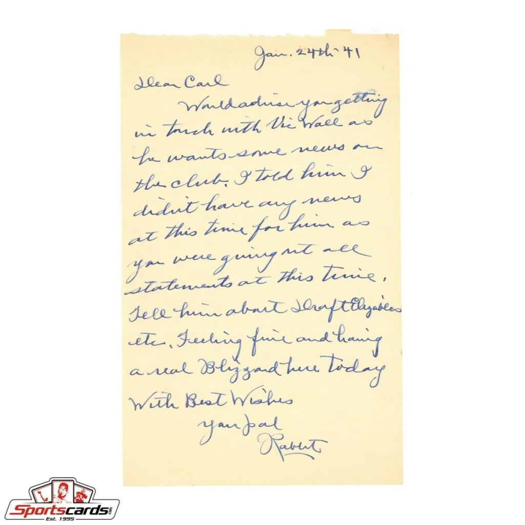 Rabbit Maranville handwritten letter on yellow paper, dated January 24th, 1941