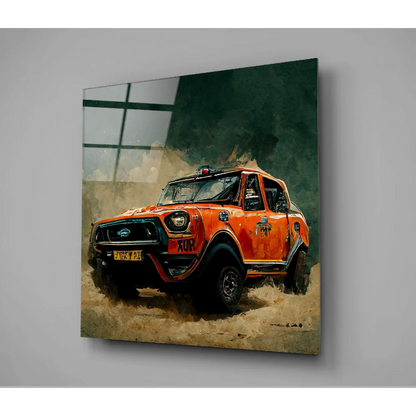 Rally Truck Glass Wall Art with Dynamic Orange Design | Glass Wall Art Print | vintageantiquesgifts.com