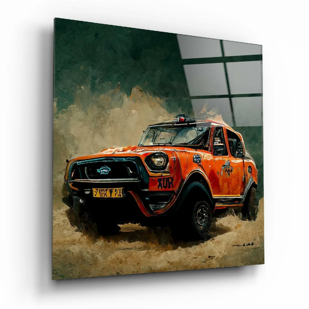 Rally Truck Glass Wall Art with Dynamic Orange Design | Insigneart USA | vintageantiquesgifts.com