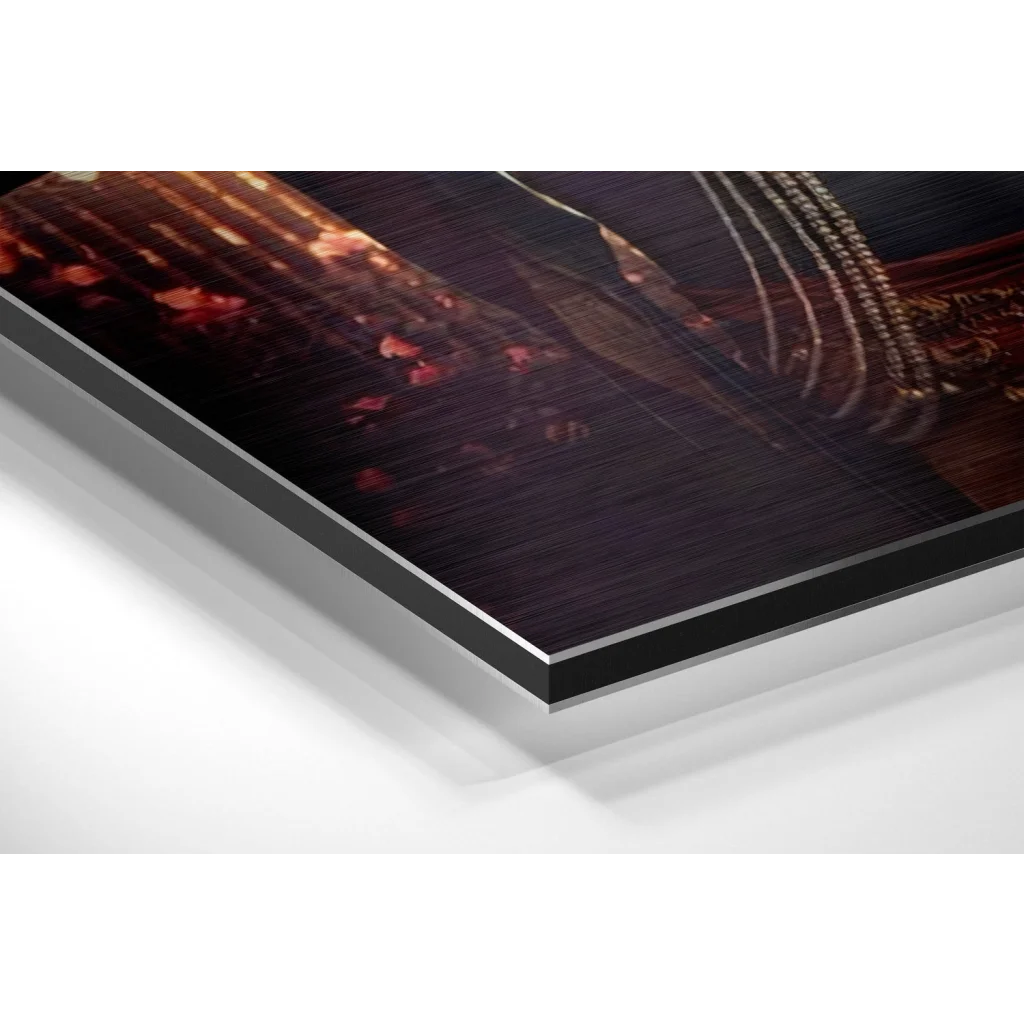 Stunning brushed aluminium dibond art in black frame with amber red accents