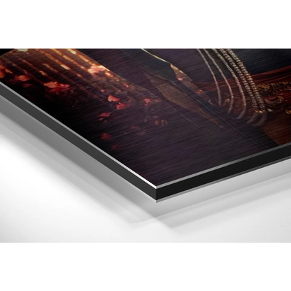 Stunning brushed aluminium dibond art in black frame with amber red accents