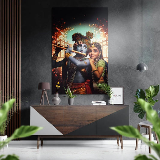 Vibrant Krishna flute art on brushed aluminium dibond print