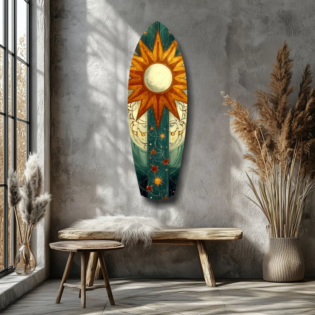 Vibrant sun and moon tempered glass art surfboard design in teal, orange, gold
