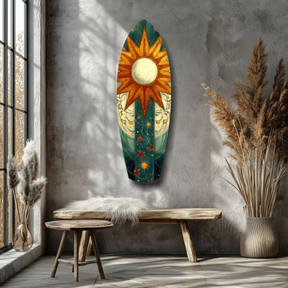 Vibrant sun and moon tempered glass art surfboard design in teal, orange, gold