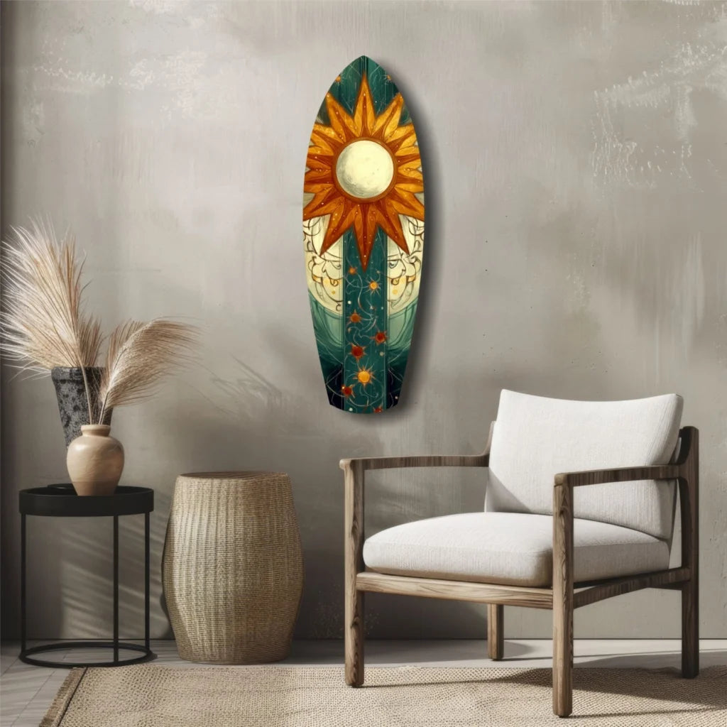 Vibrant sun-themed tempered glass art surfboard in orange, yellow, teal