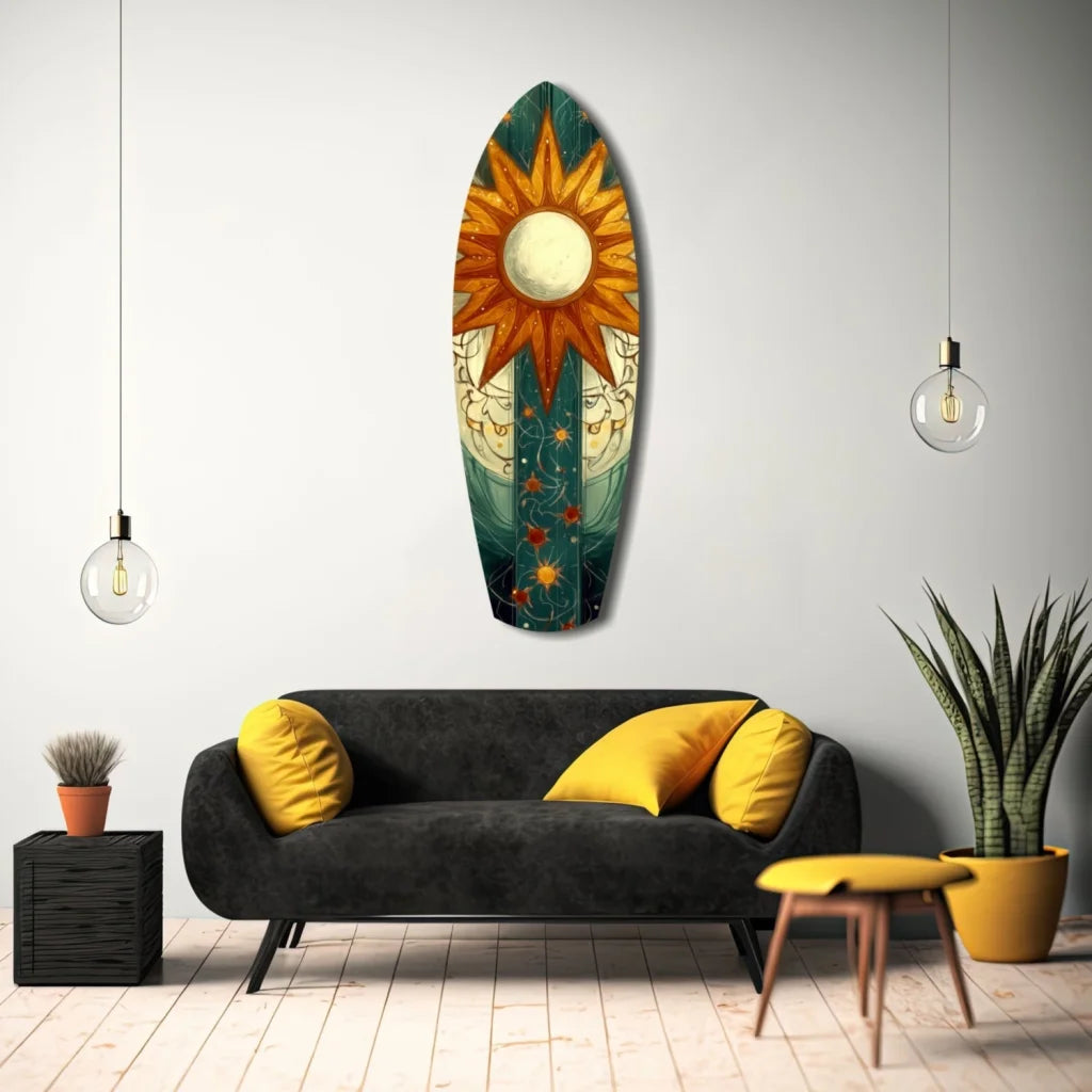 Vibrant tempered glass art surfboard with sun and moon design