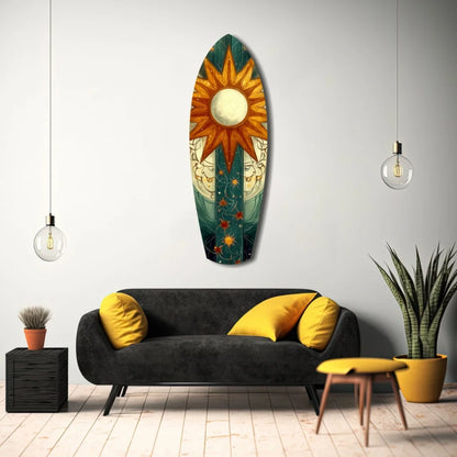 Vibrant tempered glass art surfboard with sun and moon design