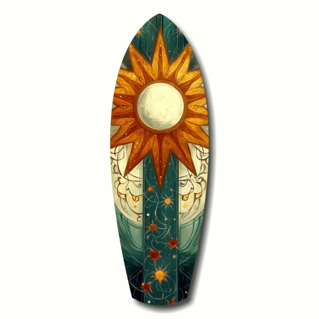 Vibrant tempered glass art surfboard with sun and moon design
