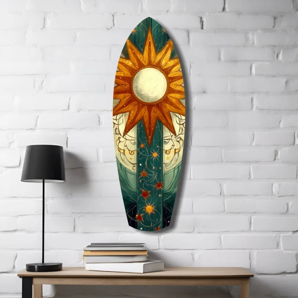 Vibrant tempered glass art surfboard with sun and moon design
