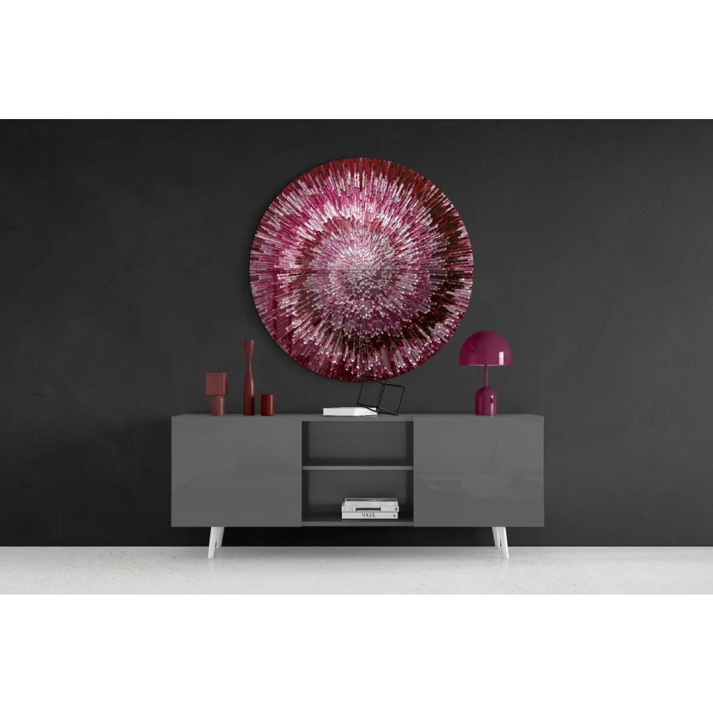 Radiant Pink Burst tempered glass art with sparkly texture