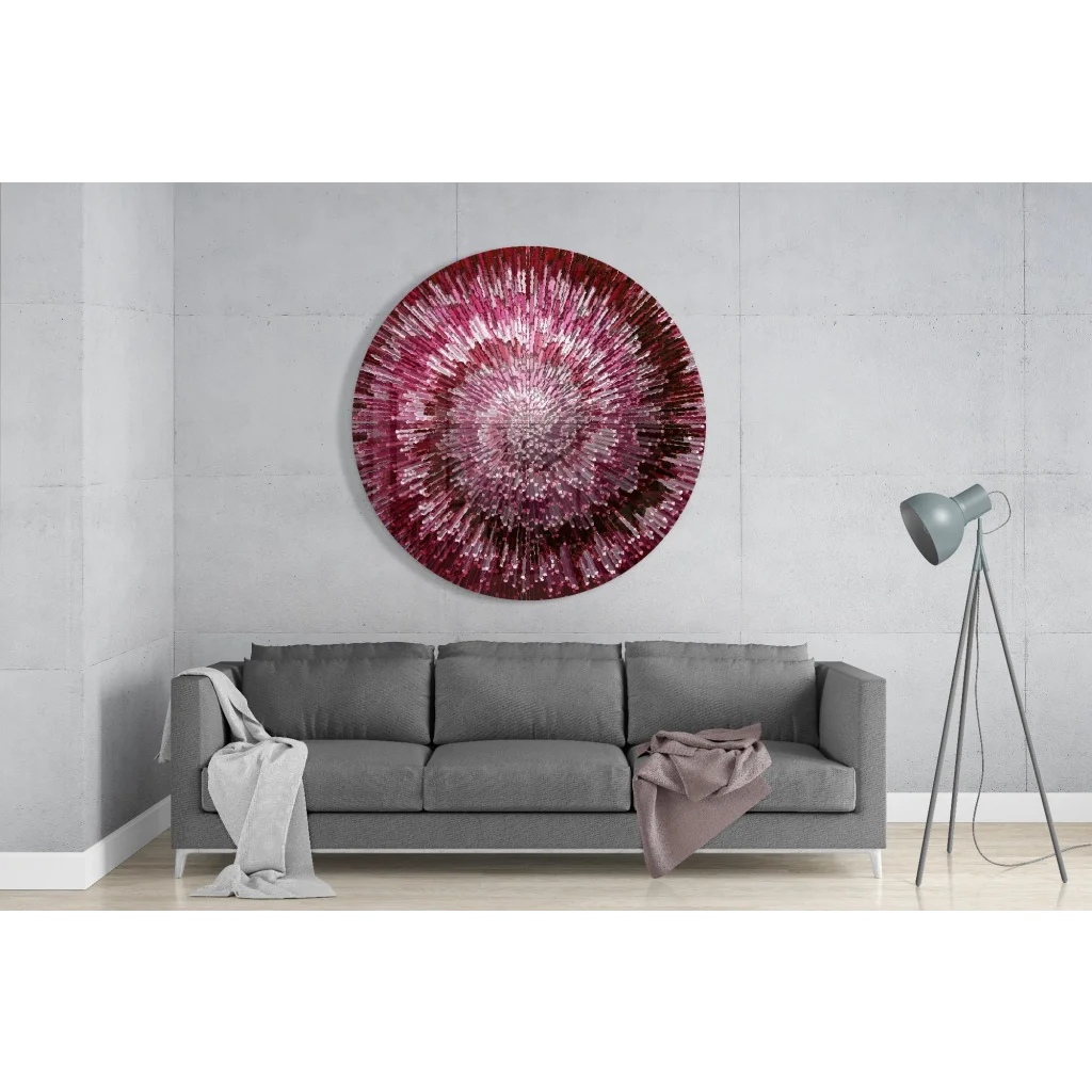 Radiant Pink Burst tempered glass art with sparkly texture