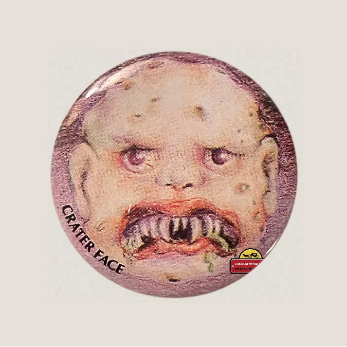 Creepy volcano crater face pin inspired by Garbage Pail Kids vintage crater face design
