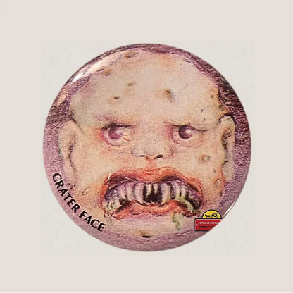 Creepy volcano crater face pin inspired by Garbage Pail Kids vintage crater face design
