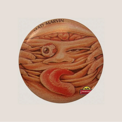 Creepy face button on vintage Mad Marvin pin from Radical 80s Garbage Pail Kids