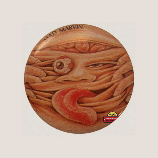 Creepy face button on vintage Mad Marvin pin from Radical 80s Garbage Pail Kids
