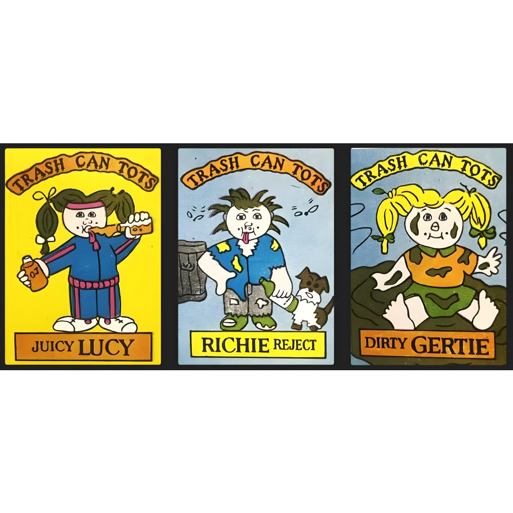 Three funny Garbage Pail Tots stickers featuring wild characters and hilarious names