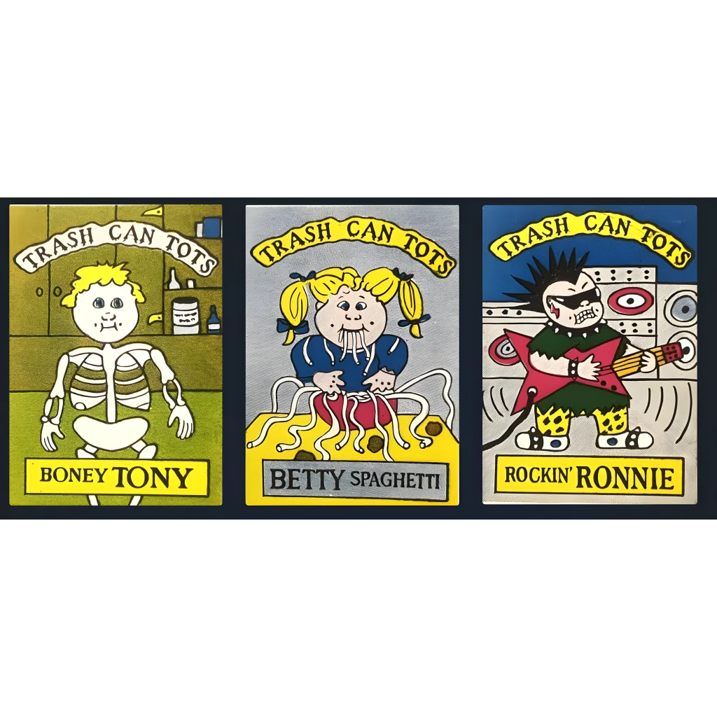 Three Garbage Pail Kids Tots Stickers featuring Boney Tony, Betty Spaghetti, and Rockin’ Ronnie