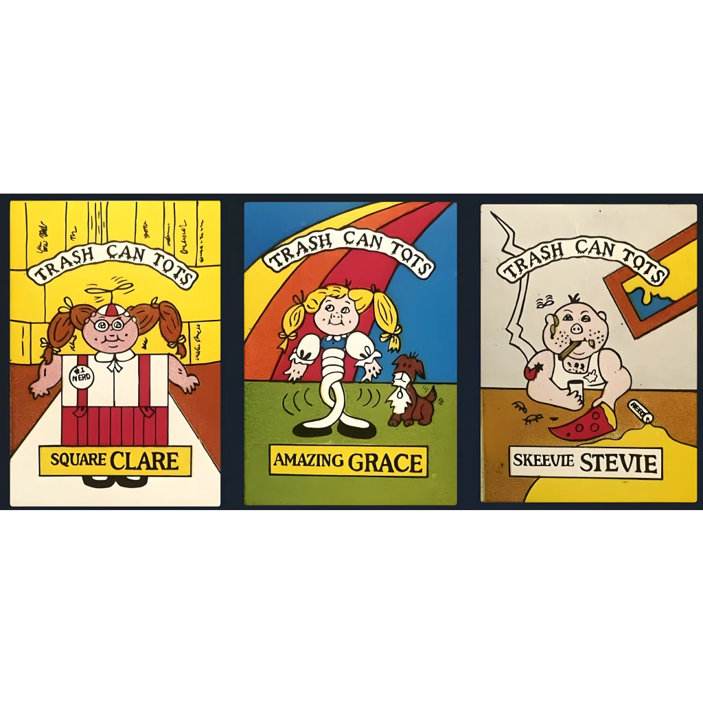 Three cartoon trading cards from Radical 80s Tots Stickers featuring Trash Can Tots characters