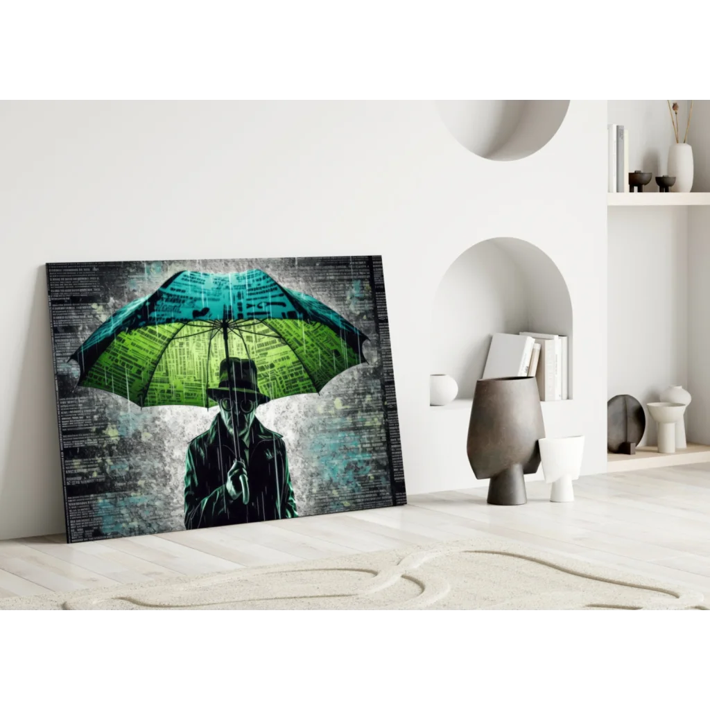 Teal Umbrella Canvas Wall Art With Newspaper Texture Print | Modern Wall Art Decor | vintageantiquesgifts.com