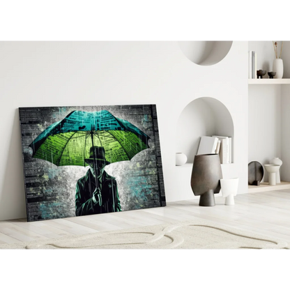 Teal Umbrella Canvas Wall Art With Newspaper Texture Print | Modern Wall Art Decor | vintageantiquesgifts.com