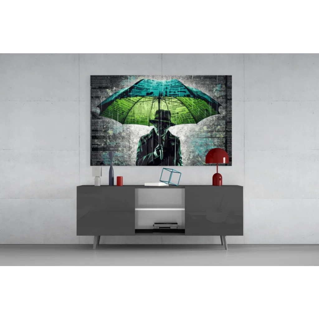 Vibrant teal umbrella wall art with man silhouette on graffiti background