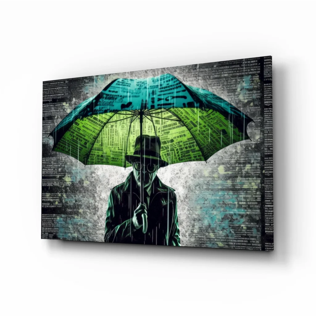Teal Umbrella Canvas Wall Art With Newspaper Texture Print | Insigneart USA | vintageantiquesgifts.com