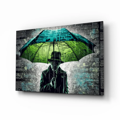 Teal Umbrella Canvas Wall Art With Newspaper Texture Print | Insigneart USA | vintageantiquesgifts.com