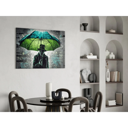 Vibrant teal umbrella wall art print with man silhouette on newspaper texture