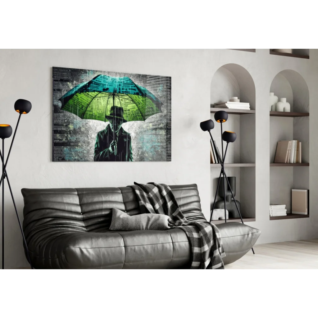 Teal Umbrella Canvas Wall Art With Newspaper Texture Print | Contemporary Home Wall Art | vintageantiquesgifts.com