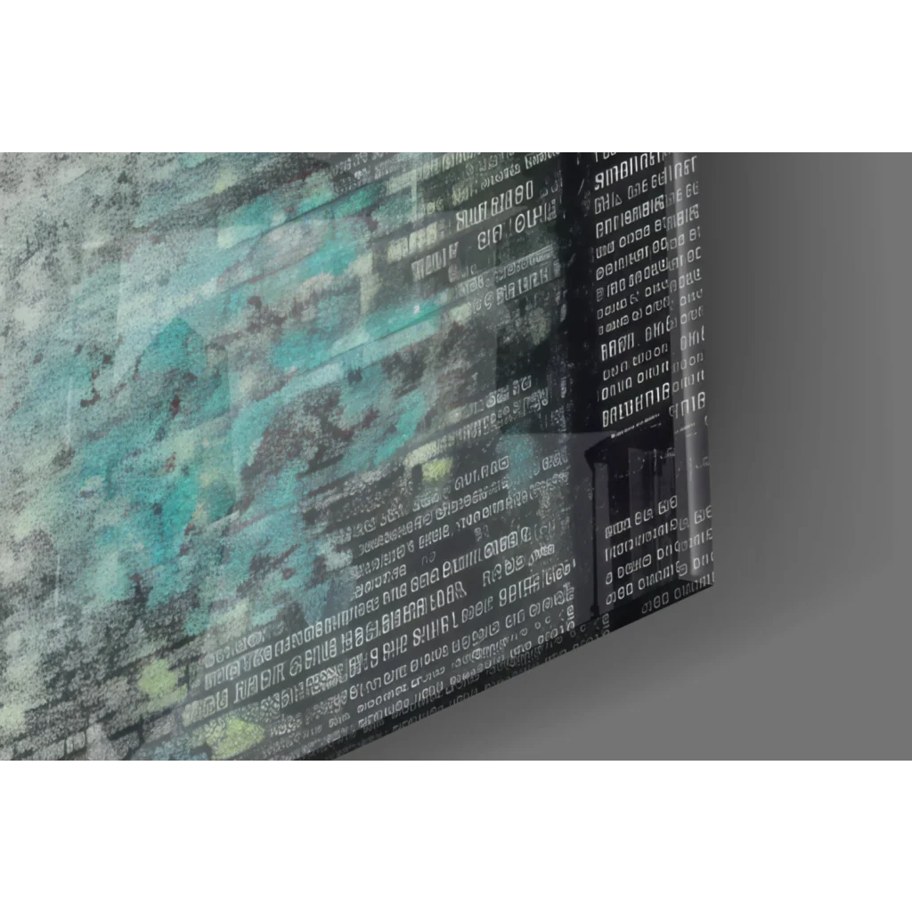 Teal umbrella canvas wall art with abstract layered text and newspaper texture in teal, gray, black hues
