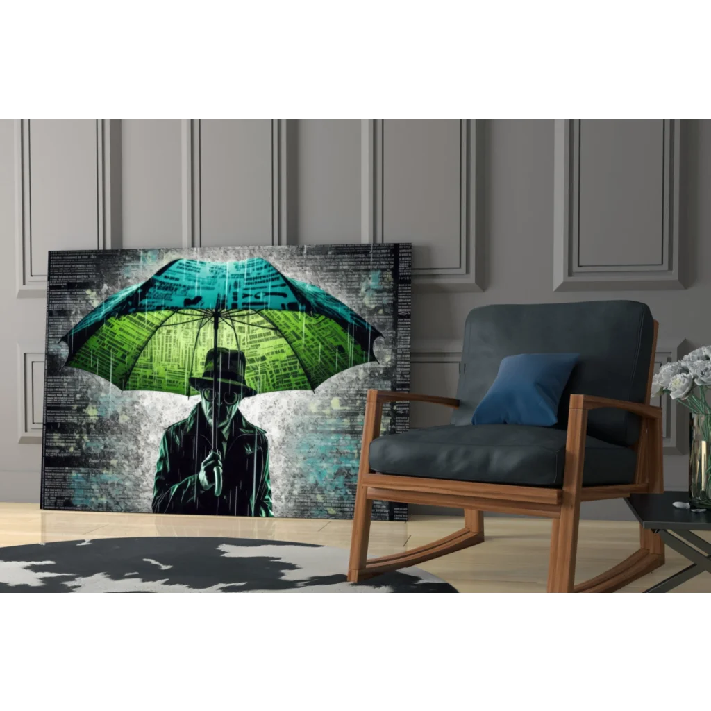 Teal umbrella silhouette canvas wall art on newspaper texture print