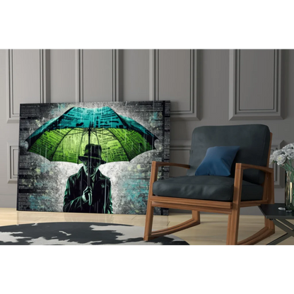 Teal umbrella silhouette canvas wall art on newspaper texture print