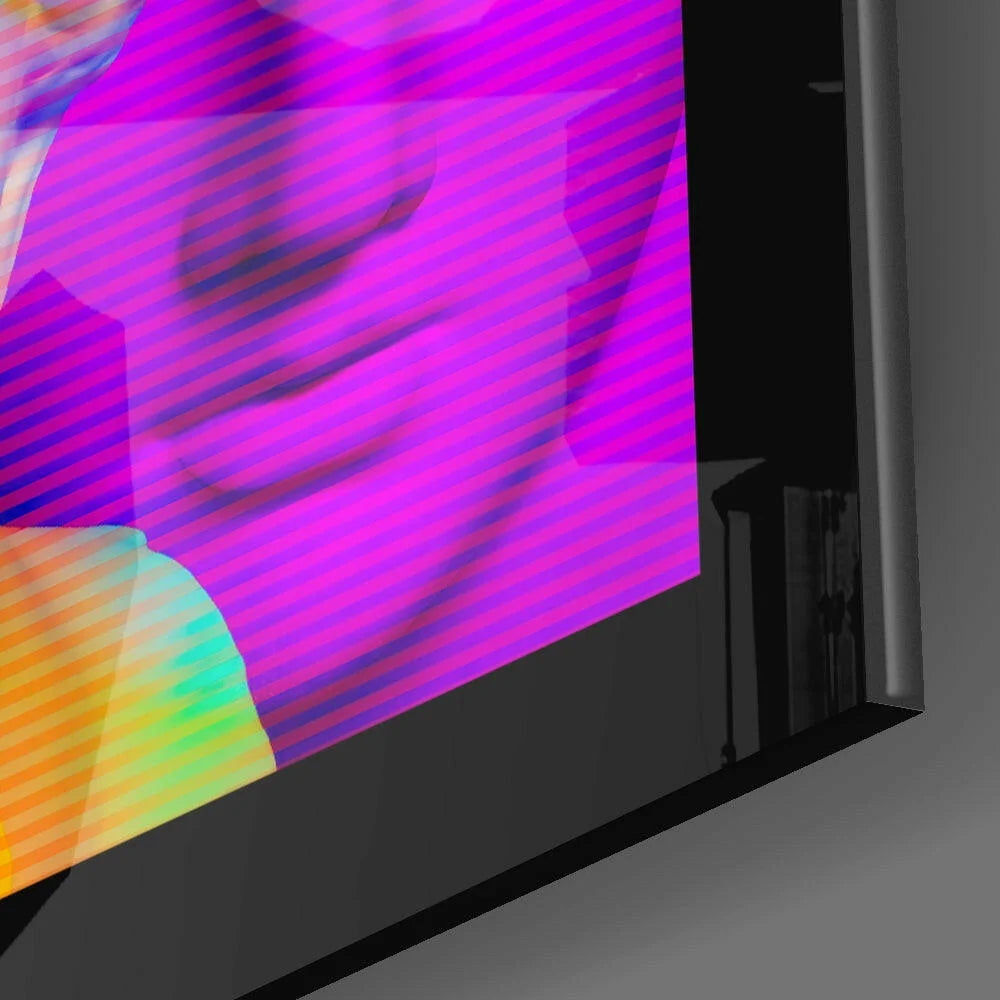 Vibrant purple 4K smart TV in sleek black frame as glass wall art