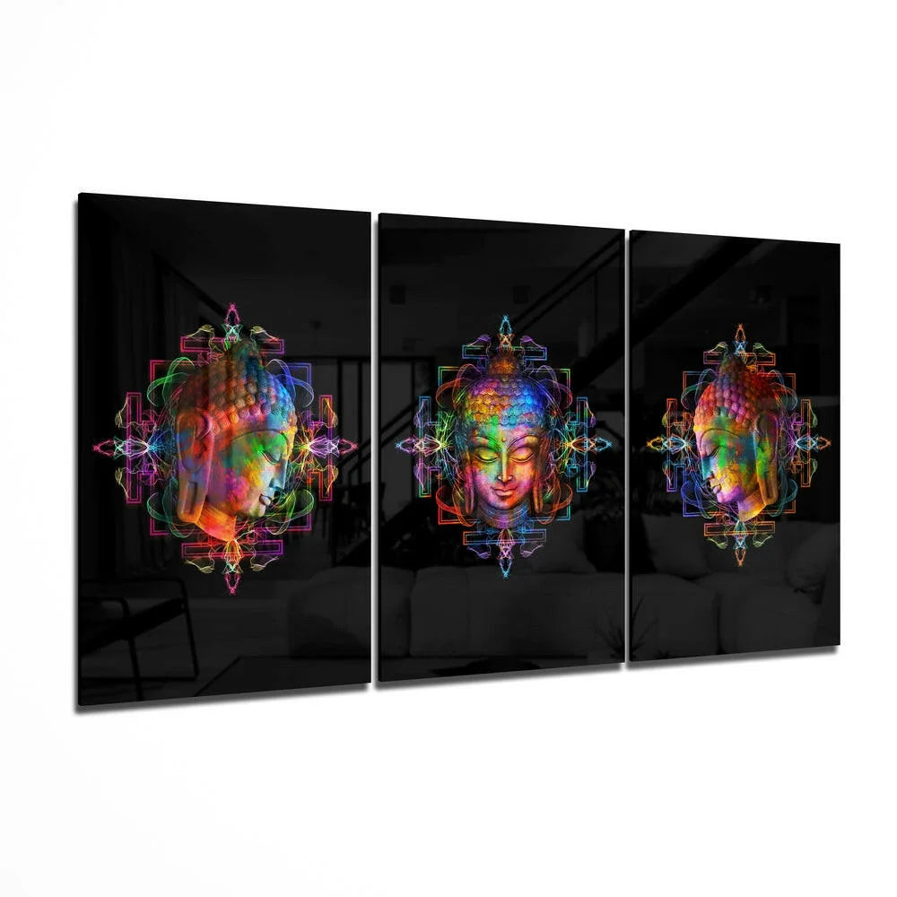 Vibrant rainbow Buddha heads on black glass wall art triptych