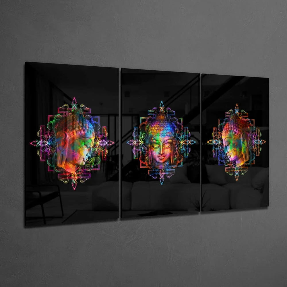 Vibrant rainbow Buddha glass wall art triptych on black background