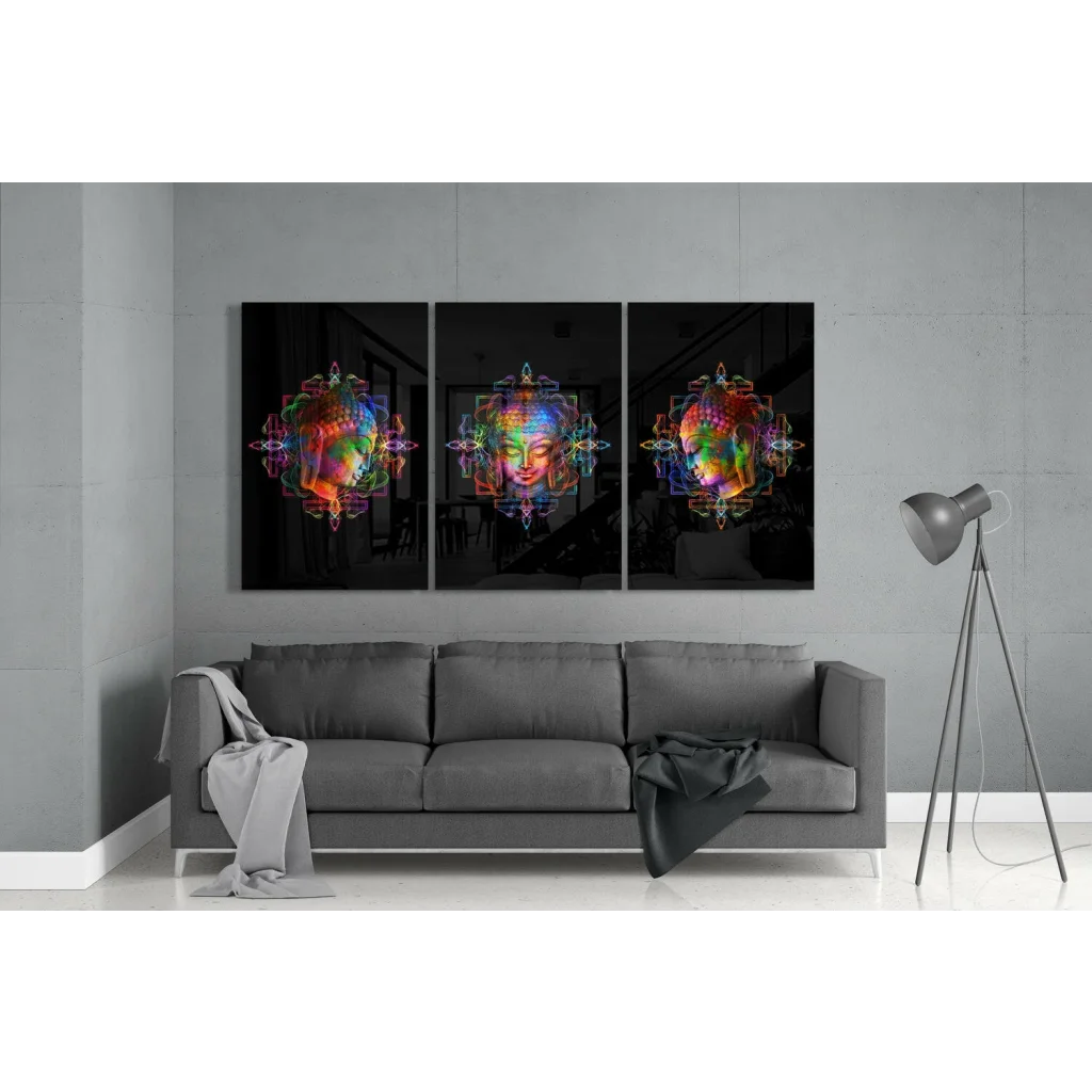 Vibrant rainbow-hued Buddha glass wall art triptych set on black background