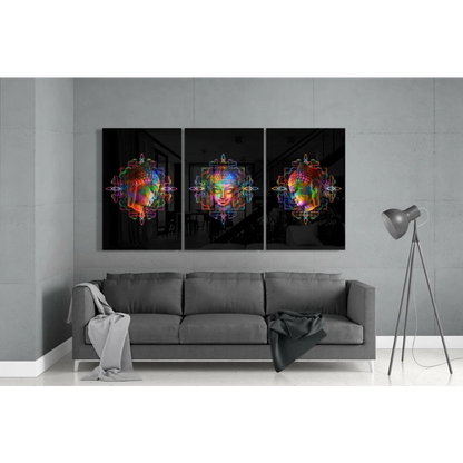 Vibrant rainbow-hued Buddha glass wall art triptych set on black background