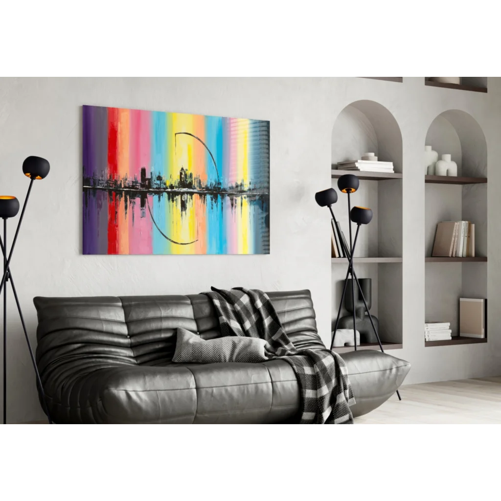 Vibrant rainbow cityscape canvas wall art with reflective water effect