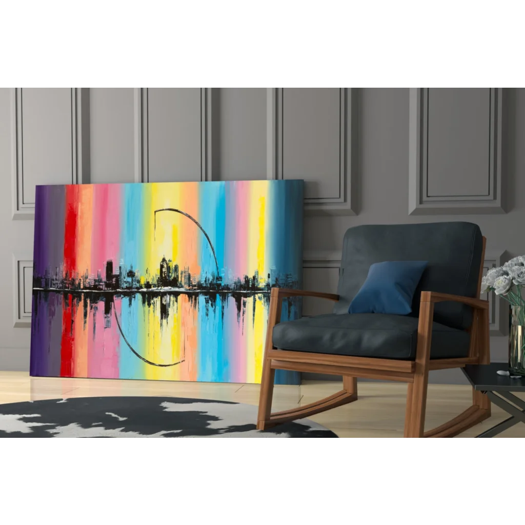 Vibrant rainbow cityscape reflection wall art canvas print