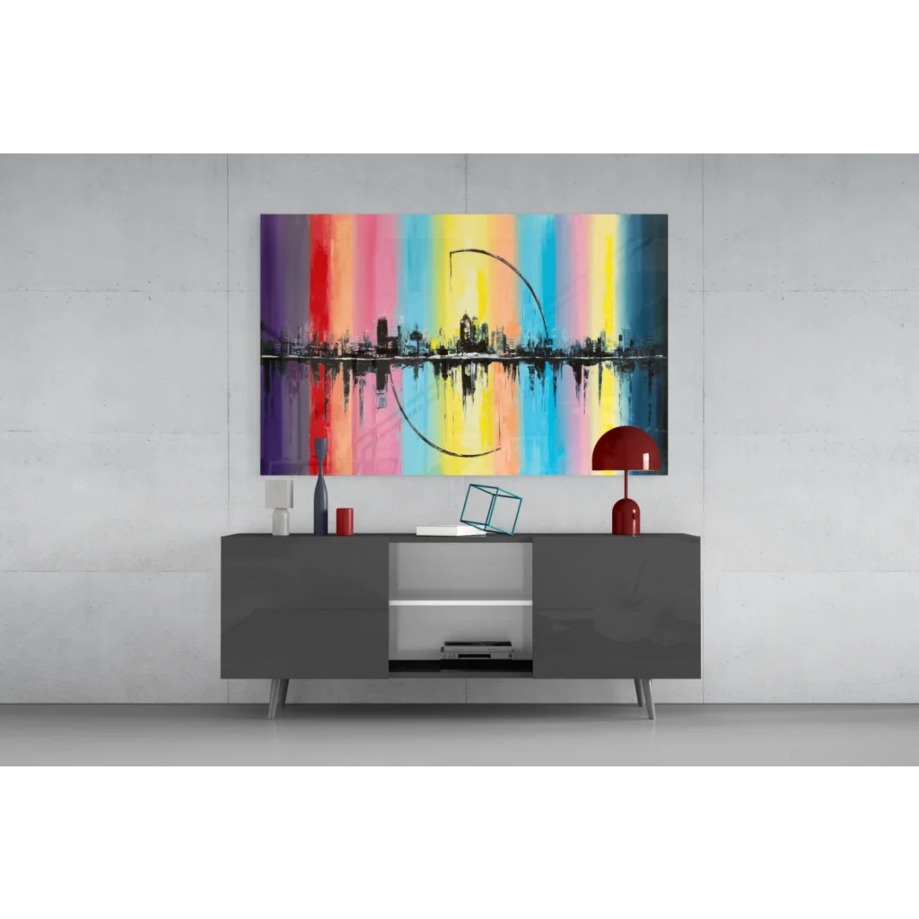 Vibrant rainbow cityscape reflection glass wall art with bold stripes